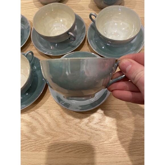 Lusterware Tea Set For 5 - Teapot, Sugar, Creamer, Cups & Saucers Japan Aqua - Picture 11 of 16